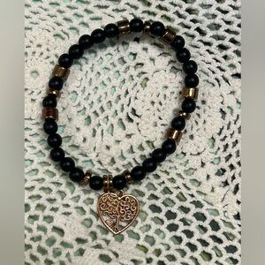 BOGO Black & Gold Beaded stretch Bracelet Tree of Life inside Heart Charm Boho